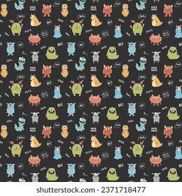 Cute monsters seamless pattern. Cartoon monsters background. Vector illustration.