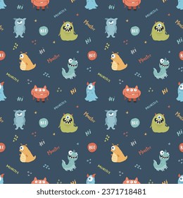 Cute monsters seamless pattern. Cartoon monsters background. Vector illustration.
