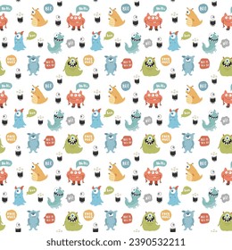 Cute monsters seamless pattern. Cartoon monsters background. Vector illustration.