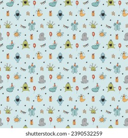 Cute monsters seamless pattern. Cartoon monsters background. Vector illustration.