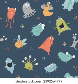 Cute monsters seamless pattern. Cartoon monsters background. Vector illustration.