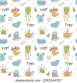 Cute monsters seamless pattern. Cartoon monsters background. Vector illustration.
