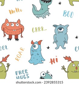 Cute monsters seamless pattern. Cartoon monsters background. Vector illustration.