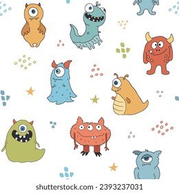 Cute monsters seamless pattern. Cartoon monsters background. Vector illustration.