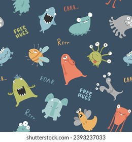 Cute monsters seamless pattern. Cartoon monsters background. Vector illustration.