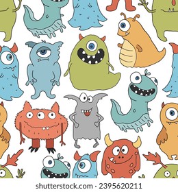 Cute monsters seamless pattern. Cartoon monsters background. Vector illustration.