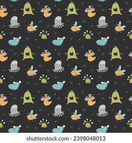 Cute monsters seamless pattern. Cartoon monsters background. Vector illustration.