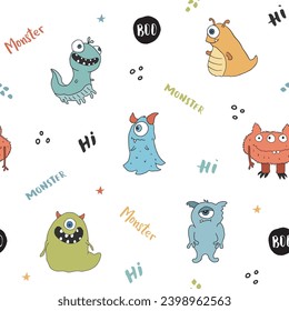 Cute monsters seamless pattern. Cartoon monsters background. Vector illustration.