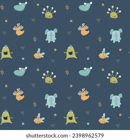 Cute monsters seamless pattern. Cartoon monsters background. Vector illustration.