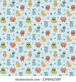Cute monsters seamless pattern. Cartoon monsters background. Vector illustration.