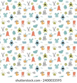 Cute monsters seamless pattern. Cartoon monsters background. Vector illustration.