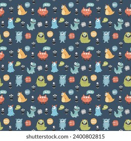 Cute monsters seamless pattern. Cartoon monsters background. Vector illustration.