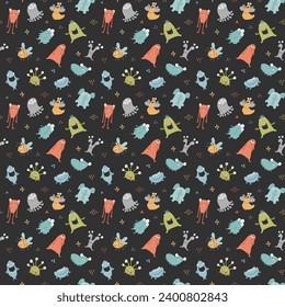 Cute monsters seamless pattern. Cartoon monsters background. Vector illustration.