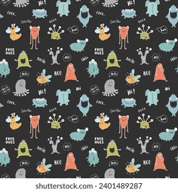 Cute monsters seamless pattern. Cartoon monsters background. Vector illustration.