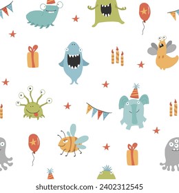 Cute monsters seamless pattern. Cartoon monsters background. Vector illustration.