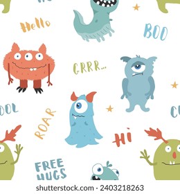 Cute monsters seamless pattern. Cartoon monsters background. Vector illustration.