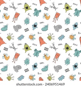 Cute monsters seamless pattern. Cartoon monsters background. Vector illustration.