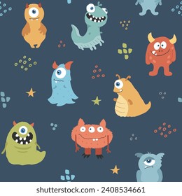 Cute monsters seamless pattern. Cartoon monsters background. Vector illustration.