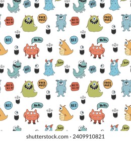 Cute monsters seamless pattern. Cartoon monsters background. Vector illustration.