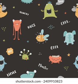 Cute monsters seamless pattern. Cartoon monsters background. Vector illustration.