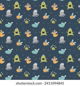 Cute monsters seamless pattern. Cartoon monsters background. Vector illustration.