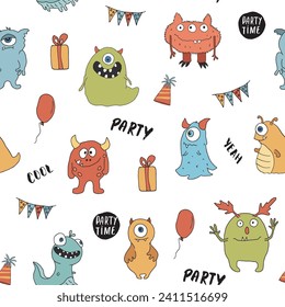 Cute monsters seamless pattern. Cartoon monsters background. Vector illustration.