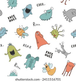 Cute monsters seamless pattern. Cartoon monsters background. Vector illustration.