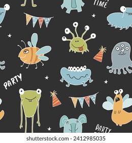 Cute monsters seamless pattern. Cartoon monsters background. Vector illustration.