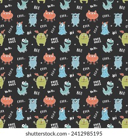 Cute monsters seamless pattern. Cartoon monsters background. Vector illustration.