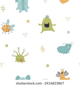 Cute monsters seamless pattern. Cartoon monsters background. Vector illustration.