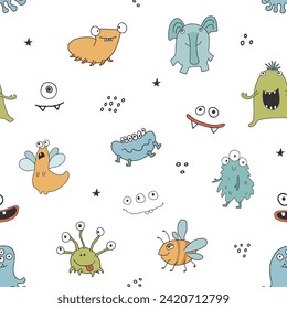 Cute monsters seamless pattern. Cartoon monsters background. Vector illustration.