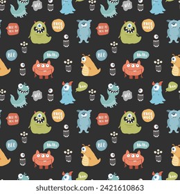 Cute monsters seamless pattern. Cartoon monsters background. Vector illustration.