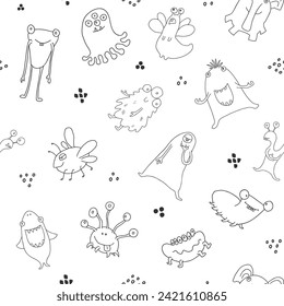 Cute monsters seamless pattern. Cartoon monsters background. Vector illustration.