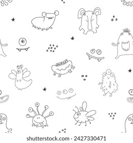 Cute monsters seamless pattern. Cartoon monsters background. Vector illustration.