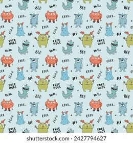 Cute monsters seamless pattern. Cartoon monsters background. Vector illustration.