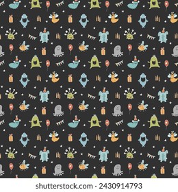 Cute monsters seamless pattern. Cartoon monsters background. Vector illustration.