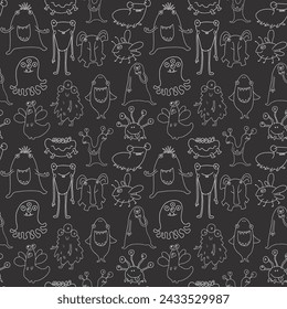 Cute monsters seamless pattern. Cartoon monsters background. Vector illustration.