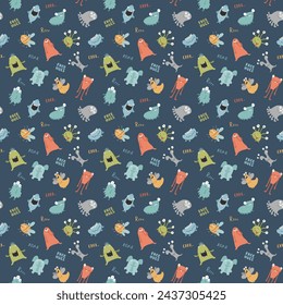 Cute monsters seamless pattern. Cartoon monsters background. Vector illustration.