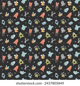 Cute monsters seamless pattern. Cartoon monsters background. Vector illustration.