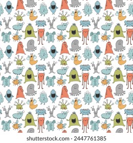 Cute monsters seamless pattern. Cartoon monsters background. Vector illustration.