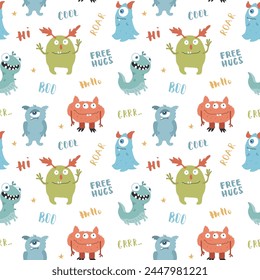 Cute monsters seamless pattern. Cartoon monsters background. Vector illustration.