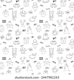 Cute monsters seamless pattern. Cartoon monsters background. Vector illustration.