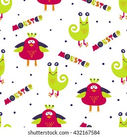 Cute monsters seamless pattern. Colorful vector background with cartoon monster characters. Suitable for kids textile, wallpaper, background, monster party invitation. 