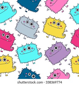 Cute monsters. Seamless pattern with fun doodle monsters. Colorful vector background for kids.