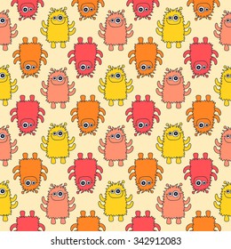 Cute monsters. Seamless pattern with fun doodle monsters. Colorful vector background for kids. Yellow, red, orange and pink colors.