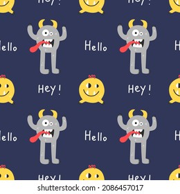 Cute monsters seamless pattern. Funny colorful creatures, little mutants or aliens, spooky fantasy characters, childish collection. Decor textile, wrapping paper wallpaper, vector print or fabric