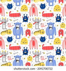 Cute monsters seamless pattern. Funny colorful creatures, little mutants or aliens, spooky fantasy characters, childish collection. Decor textile, wrapping paper wallpaper, vector print or fabric