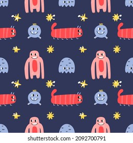 Un patrón impecable para los monstruos. Criaturas divertidas y coloridas, pequeños mutantes o extraterrestres, fantasmas espeluznantes personajes, colección infantil. Decoración textil, papel tapizado de papel, impresión vectorial o tela