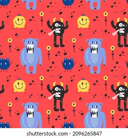 Un patrón impecable para los monstruos. Criaturas divertidas y coloridas, pequeños mutantes o extraterrestres, fantasmas espeluznantes personajes, colección infantil. Decoración textil, papel tapizado de papel, impresión vectorial o tela