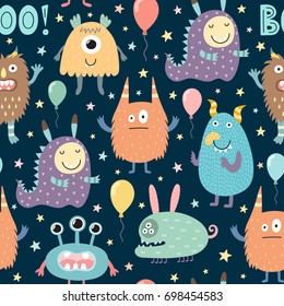Cute monsters seamless pattern. Funny background. Vector illustration